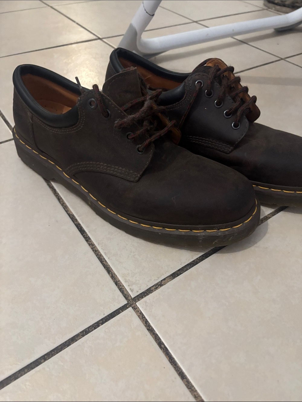 Dr. Martens Men’s Dark Brown Leather 5-Eye Derby with Yellow Welt Stitch